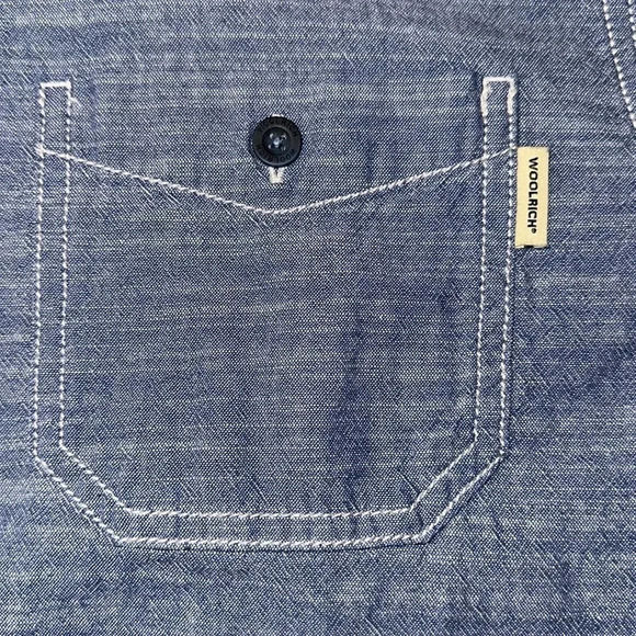 Woolrich 100% Cotton Heather Blue Short Sleeve Button Down Size XL - Picture 4 of 4